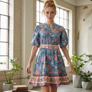 Joie Baja floral print puff sleeve belted dress in blue multi, size 10